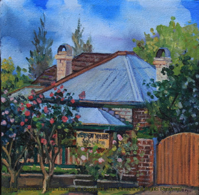 plein air oil painting of colonial heritage architecture, 'Cunningham's Cottage' in Thompson's Square, Windsor,  painted by artist Jane Bennett