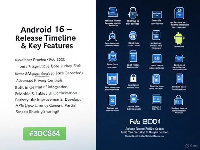 "Infographic displaying the Android 16 release timeline and key features, including developer preview, beta versions, and expected stable release. Key features highlighted include advanced privacy controls, Gemini AI integration, foldable support, battery improvements, and developer tools."
