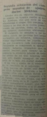 Alekhine en Lérida en 1944, recorte de La Mañana