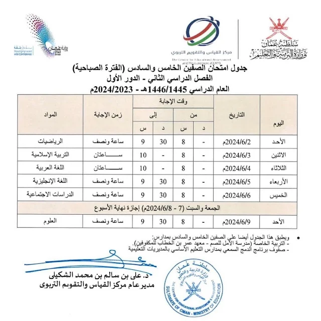 جدول امتحانات الصف الخامس والسادس سلطنة عمان 2024 الفترة الصباحية