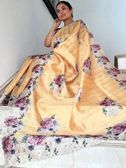 Our collectiion of tussar sarees with rose scallop border and pallu.