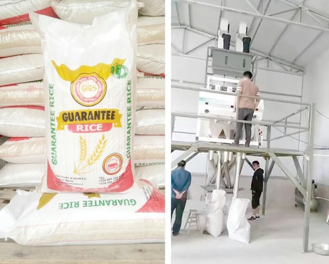 Alt: = "photo showing bags of Guarantee Rice, and some machineries in Guarantee Rice Factory"