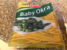 Bag of frozen okra on counter top