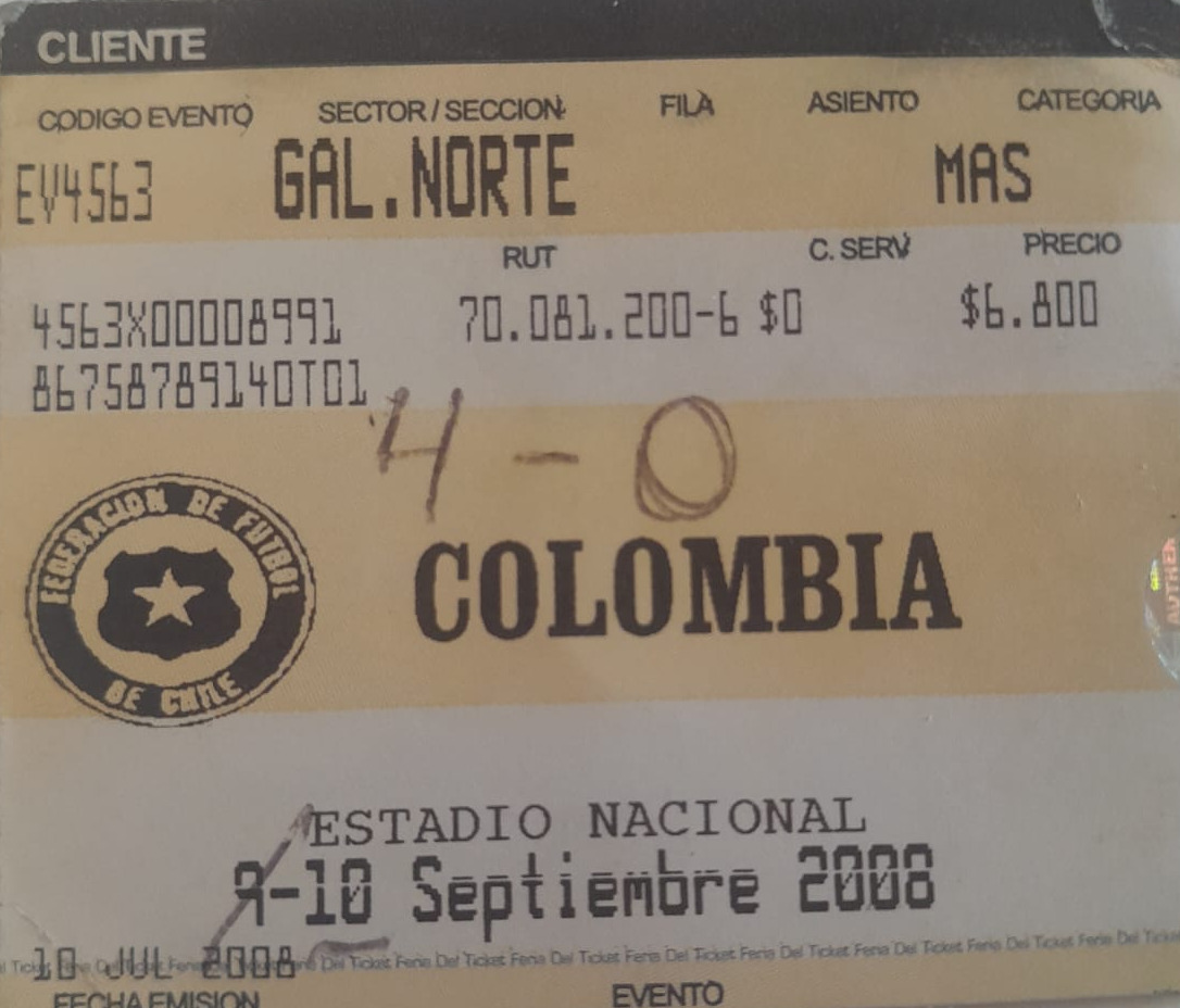 Entrada para partido entre Chile y Colombia en Clasificatorias Sudáfrica 2010, 10 de septiembre de 2008