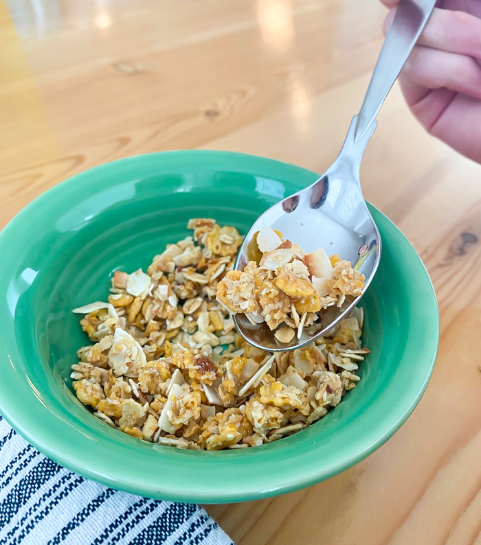 Trader Joe's Organic Toasted Coconut Granola in bowl with spoon