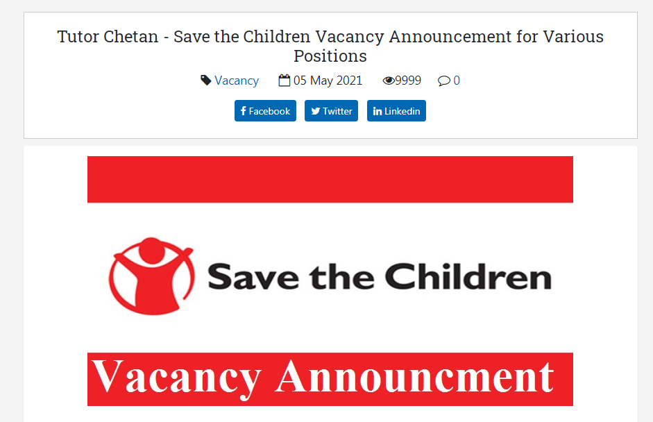 Save the Children, Nepal Job Vacancy for Various Positions