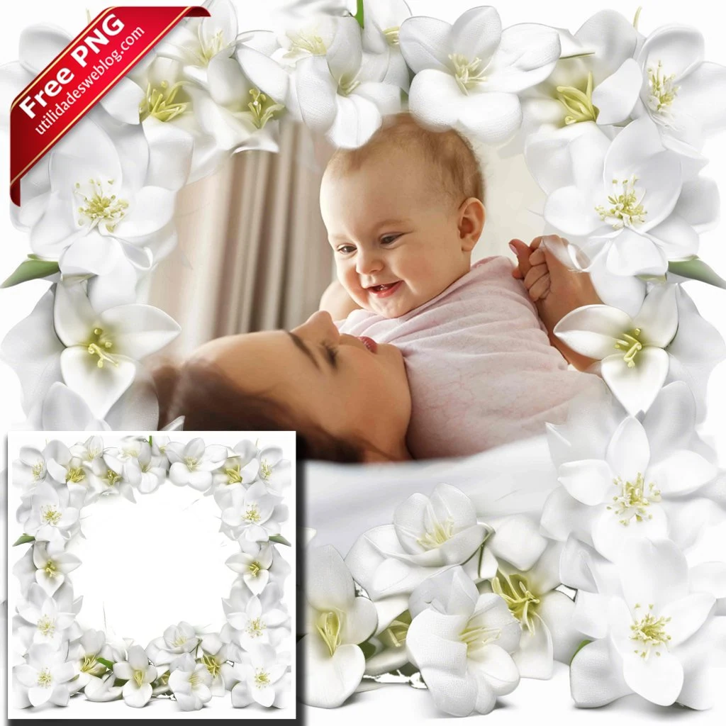 marco para fotos con flores de jasmin blancas en png con fondo transparente para descargar gratis