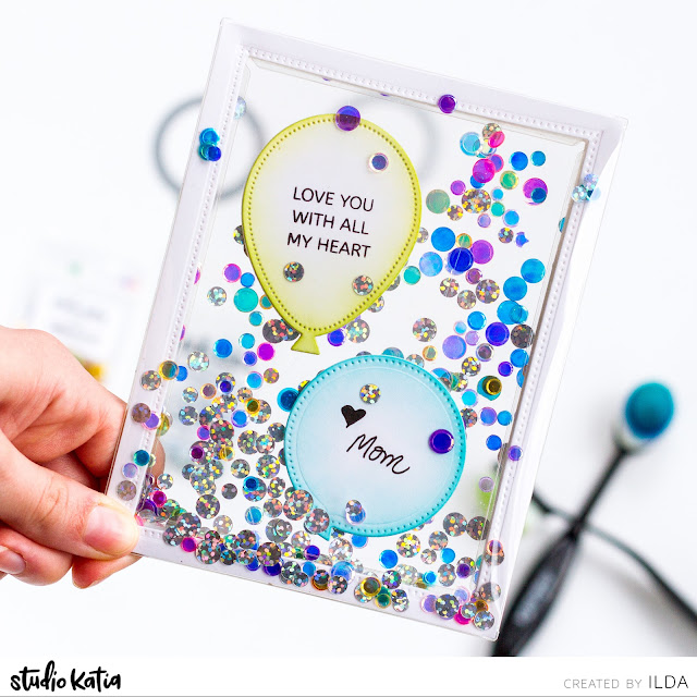 Double-sided, Interactive, See-Through, Shaker Card, Studio Katia, how to,handmade card,Stamps,ilovedoingallthingscrafty,stamping, diecutting,cardmaking, infinity card, frameless shaker, shaker pocket card,