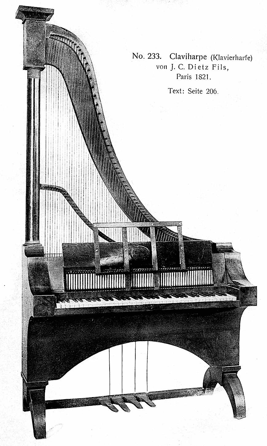 a photograph of an 1821 Claviharpe, keyboard plucks harp strings