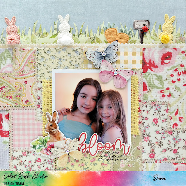 Colorful patchwork Easter scrapbook layout with bunny and carrot patch border made using the Simple Stories Simple Vintage Spring Garden collection.