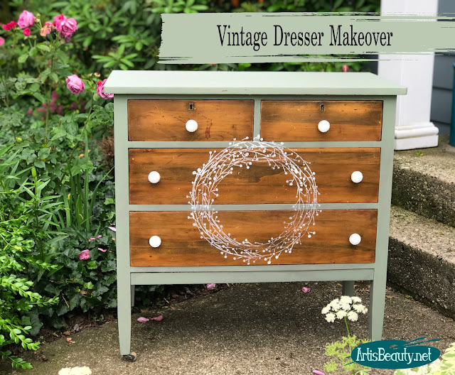 Vintage small dresser makeover given farmhouse feel using general finishes milk paint