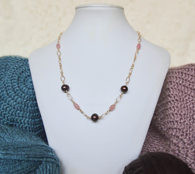 Chocolate brown off round potato pearl with rose pink agate crystal on gold chain handmade