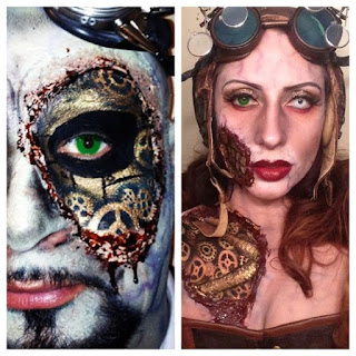 Steampunk special fx makeup, scary gory effect with skin ripped away to reveal gears below the flesh