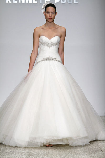 Tulle Aline gown with shirred bodice and chapel train Crystal beading 