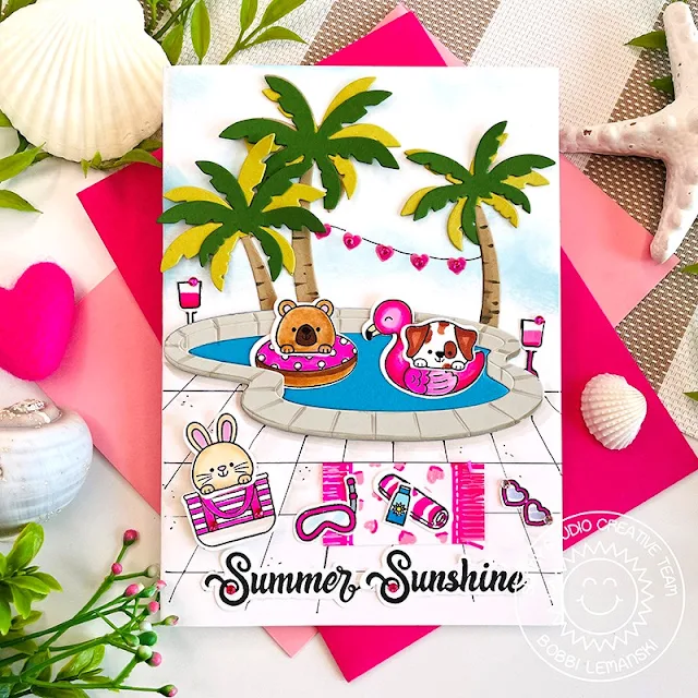 Sunny Studio Stamps: Beach Buddies Summer Card by Bobbi Lemanski (featuring Swimming Pool Dies, Tropical Trees Backdrop Dies)