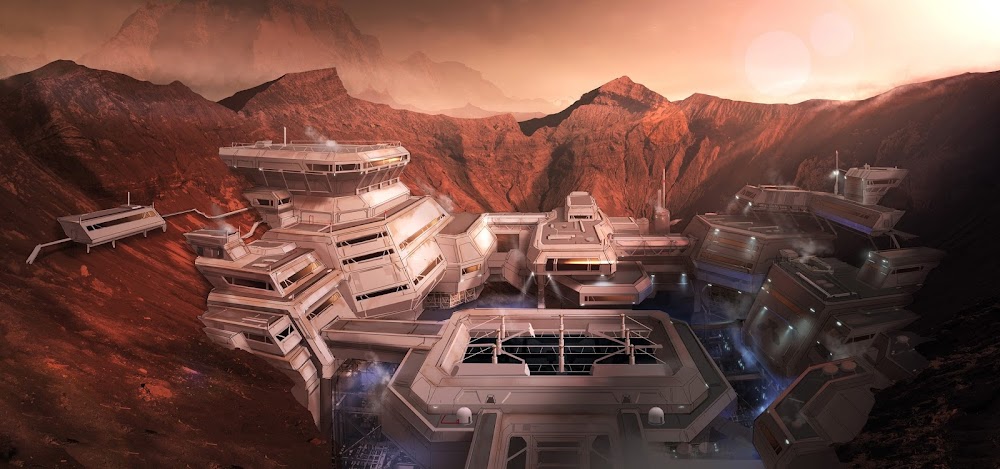 Human base in Martian crater - concept art for DOOM by Colin Geller