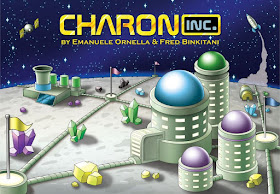 The cover art for Charon Inc. Slightly simplistic crawing of various sci-fi buildings with different coloured domes for roofs, on the moon Charon, with pipes running along the surface subdividing the surface into areas, with flags of different colours at the junctions of these pipes. There are rocks and crystals in yellow, green, and blue lying on the surface. A rocket ship is seen blasting off in the background and an artificial satellite hovers in the distance.