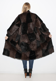 Vintage 1970's brown and black patchwork long fur coat.