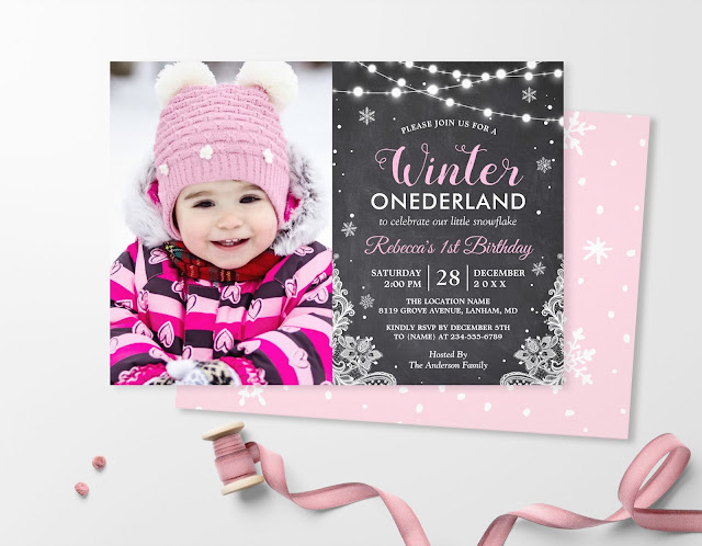  Winter ONEderland Baby Girl 1st Birthday Photo Invitation