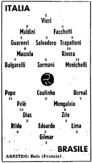 Italia - Brasile 3-0, 12 maggio 1963. Le formazioni in campo. Bulgarelli con un inedito numero 7.