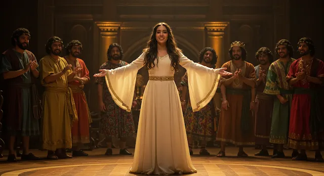 Salome is dancing in the banquet hall.