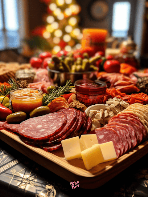 Chrismas theme grazing cheese meat platter charcuterie board ideas in 2023 holiday festive season