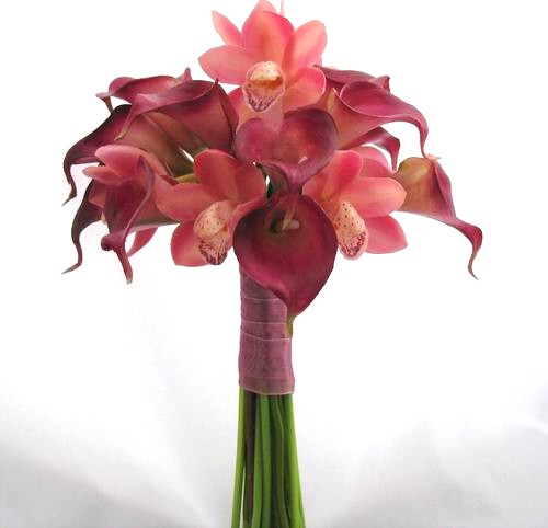  stem wrap bridal bouquet Red orchids and mauve calla lilies bouquet