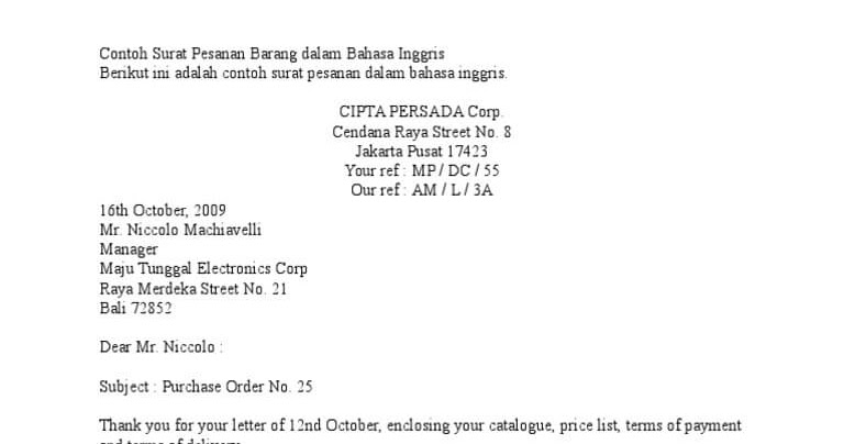 Contoh Surat Pemesanan Barang Dalam Bahasa Inggris Dan ...