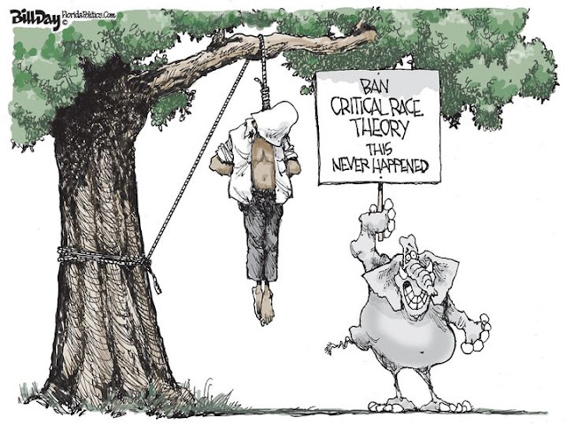 Republican Elephant standing in front of a lynched black man hanging from a tree.  Elephant is holding a sign reading, 