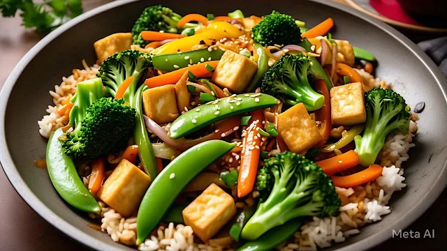 Quick vegetable stir-fry with crispy tofu (or egg) and assorted colourful vegetables in a savory sauce.