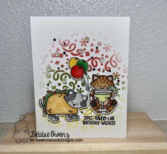 Spec-TACO-lar birthday wishes by Debbie features Cycling Friends, Newton Loves Taco, and Confetti by Newton's Nook Designs; #inkypaws, #newtonsnook, #catcards, #cardmaking, #tacocards,