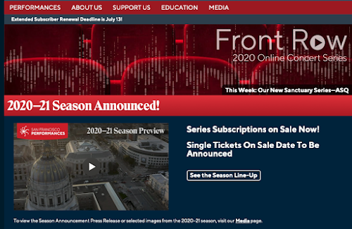 SF Performances home page, with 2020-21 season announcement link and dates to subscribe or buy single tickets for that season.