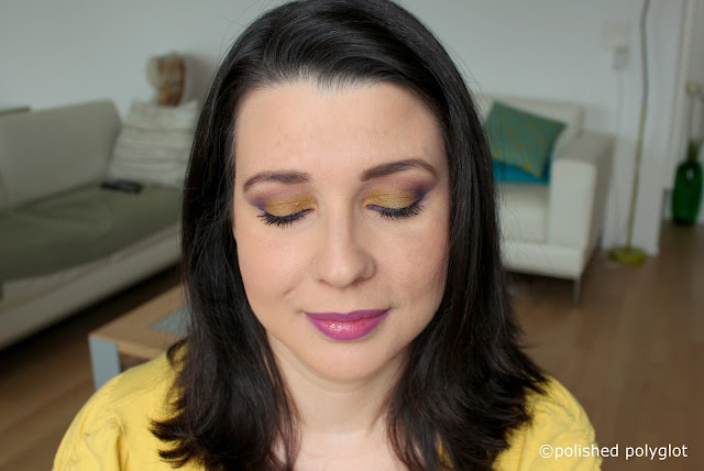 Makeup look in mustard yellow and purple