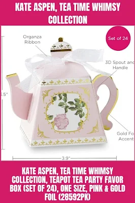 Kate Aspen Tea Time Whimsy Collection Teapot Tea Party Favor Box. Comes in a Set of 24, One Size. Color Pink & Gold Foil.