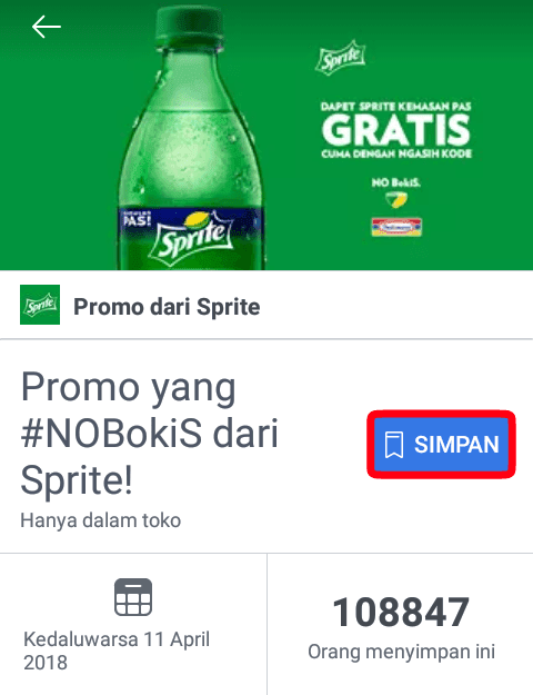 Anda akan dituju ke halaman Promo dari pihak Sprite. Langkah selanjutnya adalah klik tombol "Simpan" dan scroll kebawah, Maka Anda akan menemukan kode seperti SPP4JJ6LQZ.