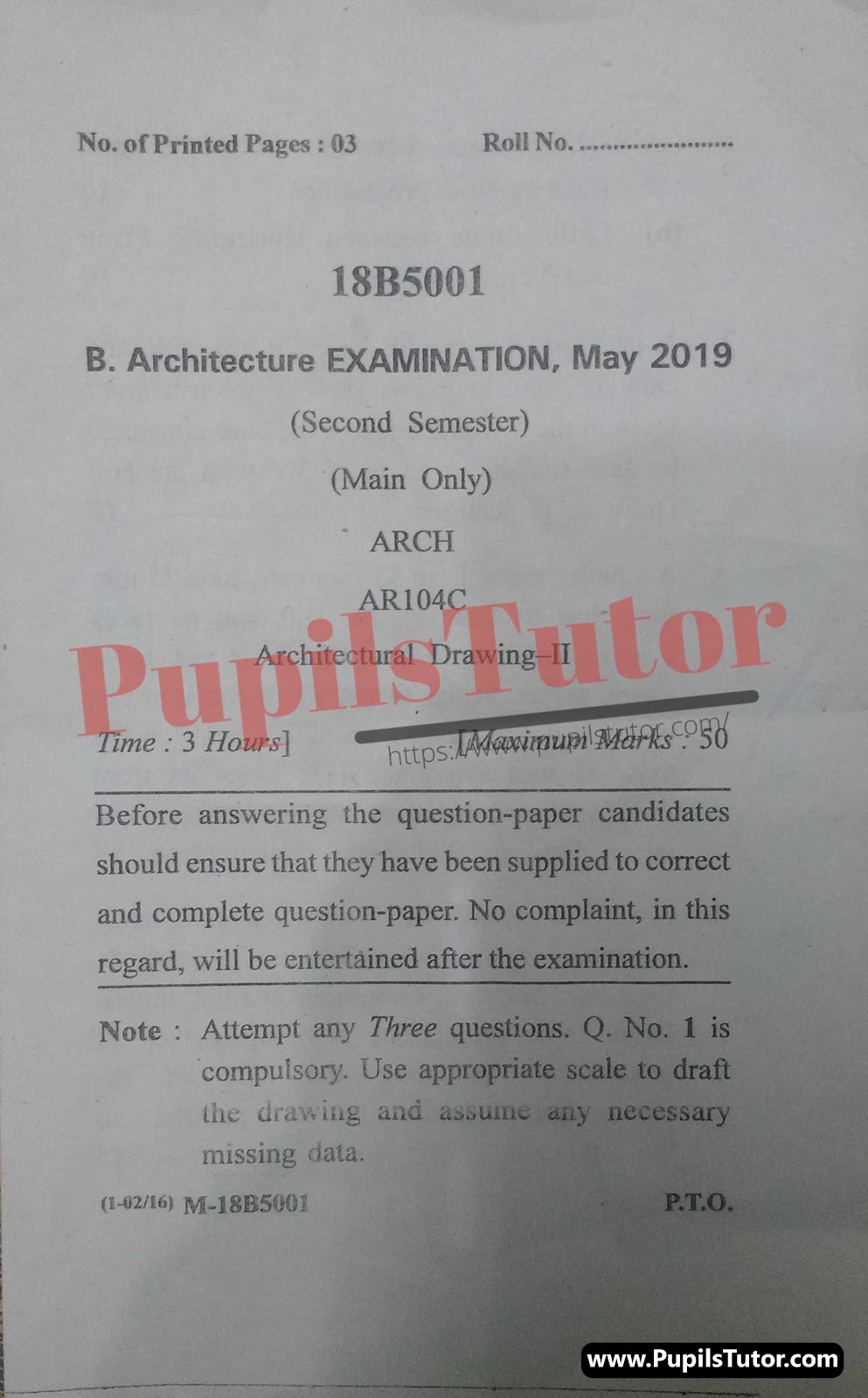 DCRUST (Deenbandhu Chhotu Ram University of Science and Technology, Murthal Haryana) barch Semester Exam Second Semester Previous Year Architectural Drawing Question Paper For May, 2019 Exam (Question Paper Page 1) - pupilstutor.com