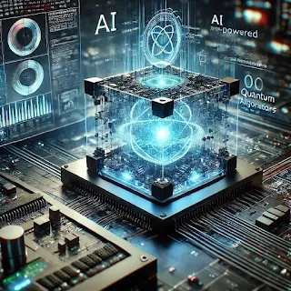 Alt Text: "A futuristic AI-powered quantum processor with a glowing core, encased in a transparent structure, integrated into an advanced circuit board with digital data projections."