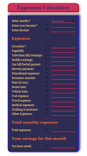 Expenses calculator using HTML CSS and JavaScript