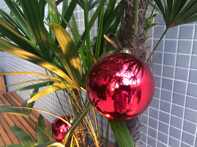 A foto mostra uma bola de luz  do pisca pisca  luminoso  da árvore natalina.
