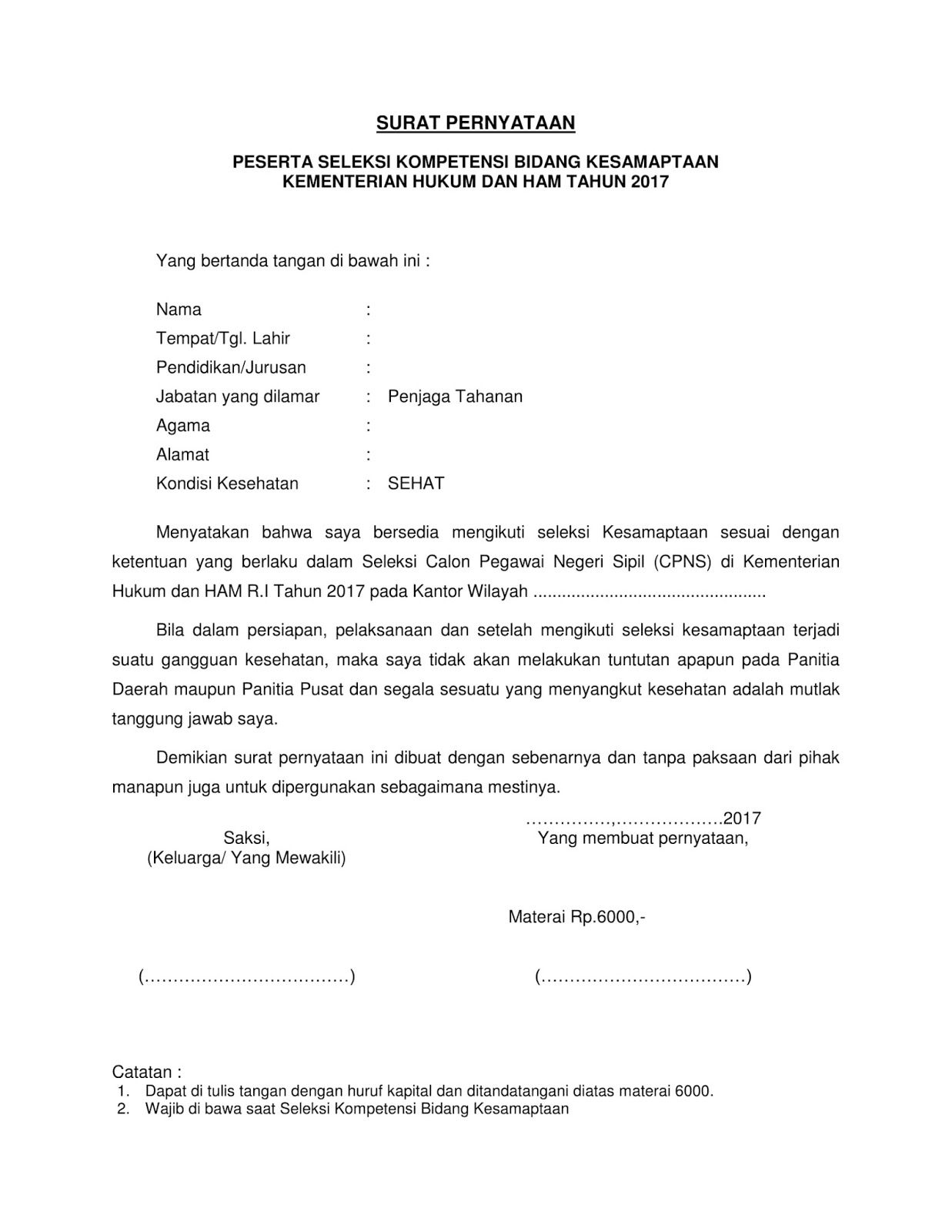 Contoh Surat Pernyataan Seleksi Kesamaptaan CPNS 