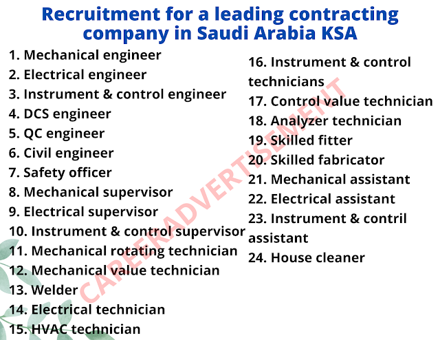 Recruitment for a leading contracting company in Saudi Arabia KSA