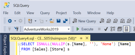 Screenshot of a SELECT statement in SQL which checks for an empty string