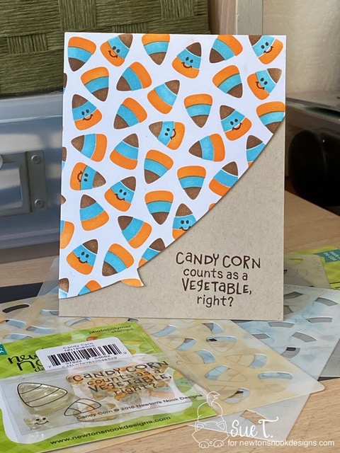 Candy corn is a vegetable, right? by Sue features Candy Corn (stamp and stencil) and Speech Bubbles by Newton's Nook Designs; #inkypaws, #newtonsnook, #halloweencards, #cardmaking