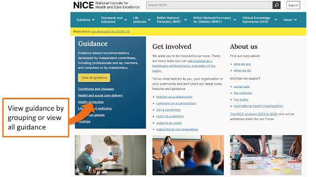 NICE home page with the guidelines viewing options listed