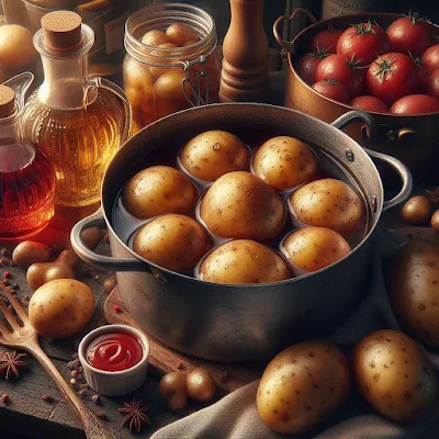 Dieses Bild zeigt einen großen Topf mit ungeschälten Kartoffeln die nebeneinander liegen. Sie sind zur Hälfte mit Rotwein bedeckt. Neben den Rotweinkartoffeln steht eine Flasche Olivenöl und in kleinen Schüsseln sind Gewürze.