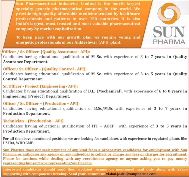 Sun Pharma | Walk-in interview for Multiple departments at Ankleshwar