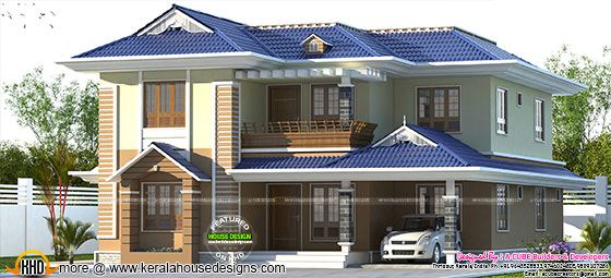 Blue color sloping roof Kerala home design