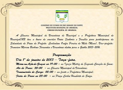 Convite de POSSE do Prefeito Mano, Vice-Prefeito Marcos e Vereadores eleitos para a gestão 2013/2016