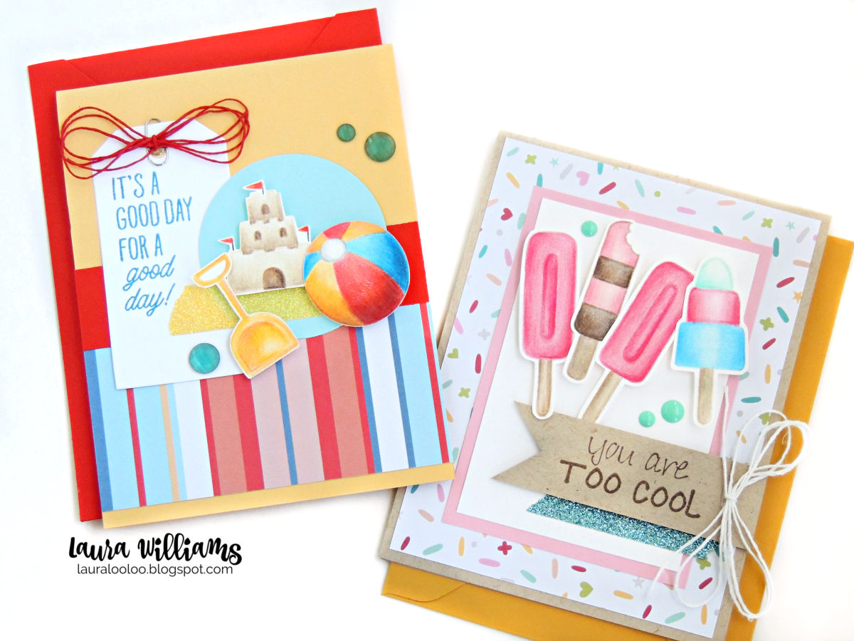 Two summertime  handmade cards, with stamped images of popsicles, and beach toys, colored with colored pencils