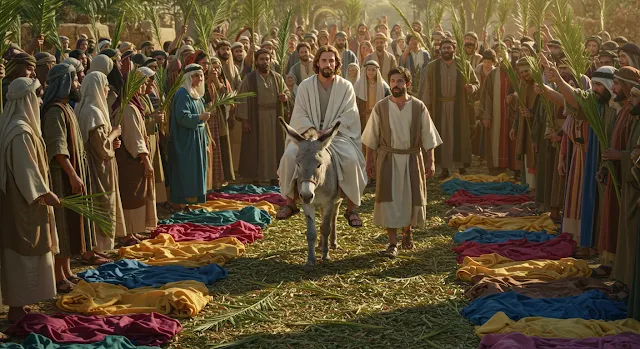 Jesus is entering Jerusalem riding a young donkey, surrounded by the cheers of a great crowd.
